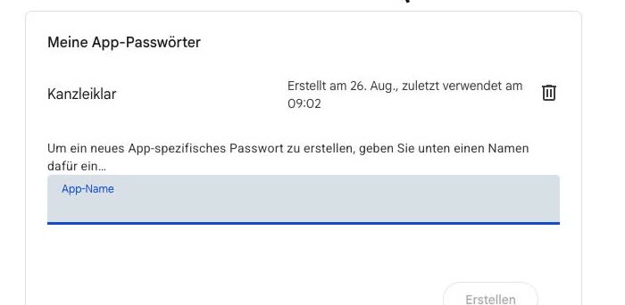 Google-Konto, Seite App-Passwörter mit dem Feld App-Name und dem Knopf Erstellen