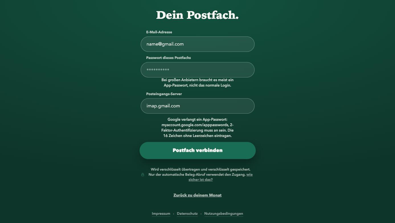 Kanzleiklar, Schritt Dein Postfach mit Gmail-Adresse, Passwortfeld und Server imap.gmail.com