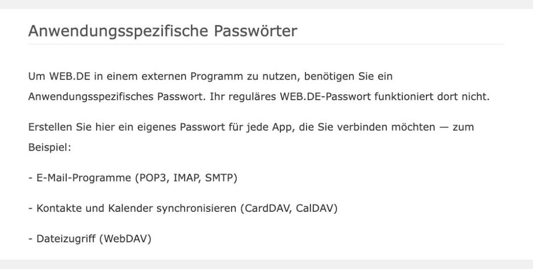 Abschnitt Anwendungsspezifische Passwörter mit dem Hinweis, dass das reguläre Passwort in externen Programmen nicht funktioniert