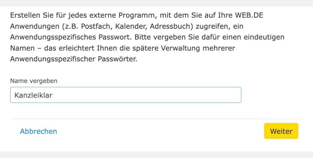Formular Anwendungsspezifisches Passwort erstellen mit dem Feld Name vergeben und dem Namen Kanzleiklar